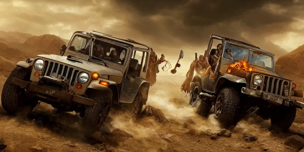 Prompt: Mahindra thar, tribe members attacking, action scene, an epic fantasy, dramatic lighting, cinematic, establishing shot, extremely high detail, photorealistic, cinematic lighting, artstation, by christopher nolan, shadow of the tomb rider