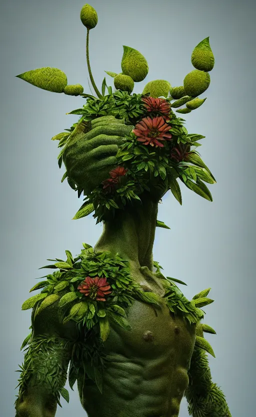 Image similar to a plant creature, foliage, plant filaments, flowers, humanoid shape, full body, photorealistic, 4 k, octane render, cinematic lighting, artistic photography, insanely detailed and intricate