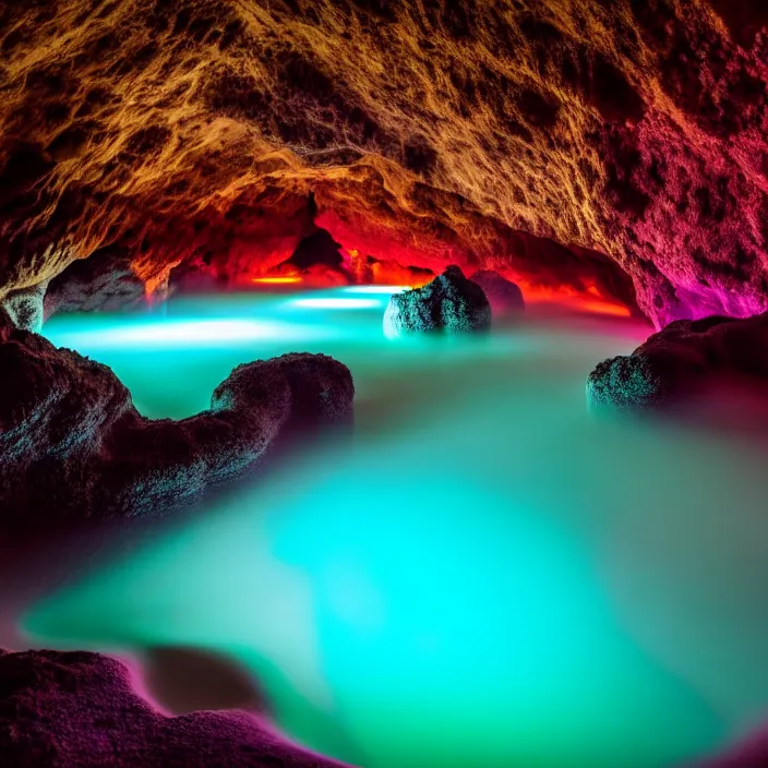 Prompt: photo of a fluorescent cave with a hot spring highly detailed 8 k hdr smooth sharp focus high resolution award - winning photo