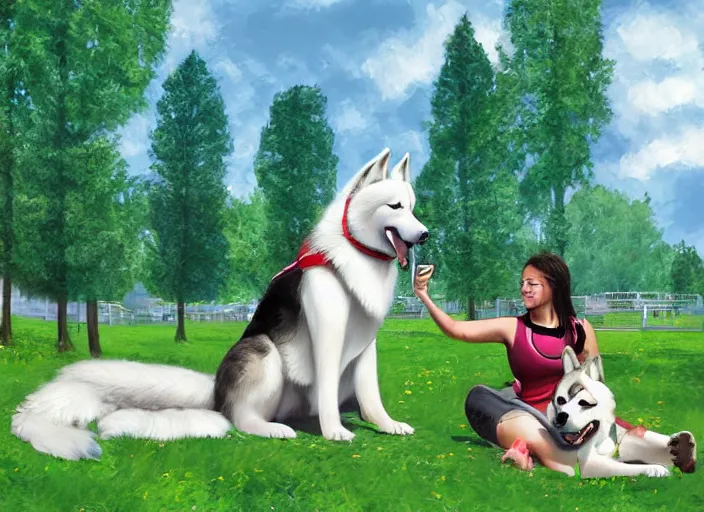 Image similar to A girl riding a giant husky dog in a park, detailed digital art