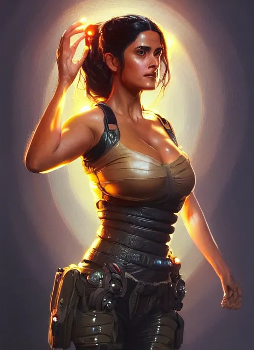 Image similar to portrait of apex legends salma hayek, intricate, elegant, glowing lights, highly detailed, digital painting, artstation, glamor pose, concept art, smooth, sharp focus, illustration, art by artgerm and greg rutkowski, artey freytag