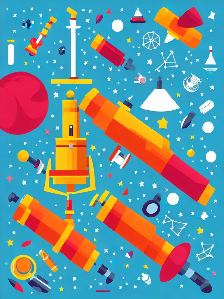 Image similar to editorial illustration scientific lab test tube telescope microscope spaceship, colorful modern, mads berg