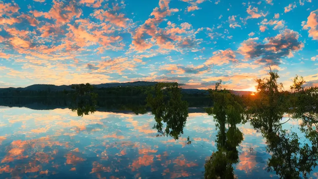 Image similar to lsd themed trippy tranquil mesmerizing calm lake at sunset detailed, 8k, mesmerizing, low saturation, high resolution