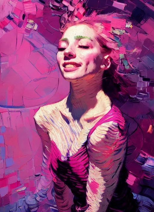 Image similar to portrait of a beautiful girl, smiling, ecstatic dancing, eyes closed, shades of pink, beautiful face, rule of thirds, intricate outfit, spotlight, by greg rutkowski, by jeremy mann, by francoise nielly, by van gogh, digital painting