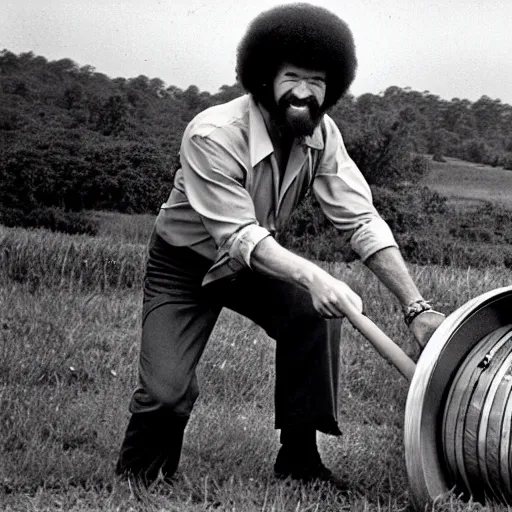 Prompt: bob ross rolling a metal barrel in the vietnam war