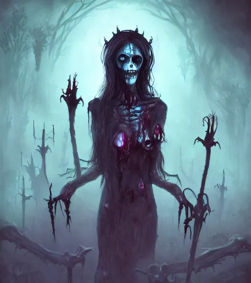 Image similar to gothic necrolord female with zombie servents, digital painting, liminal eerie midnight backlit, a picture taken by Michael Komarck and Daniel Ljunggren