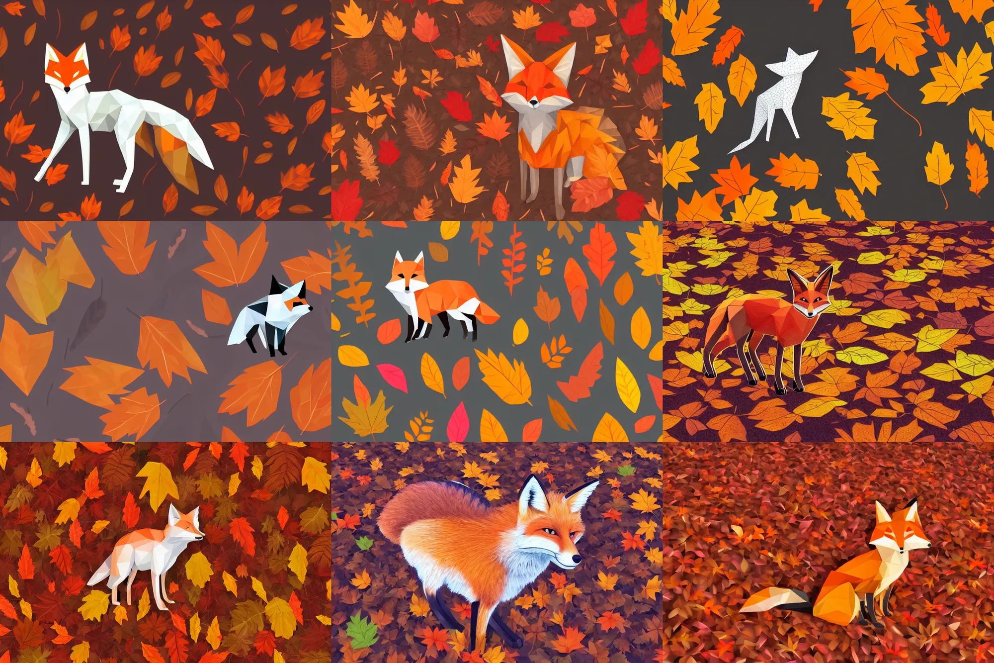 Prompt: super detailed long lowpoly fox standing on hyper detailed lowpoly autumn leaves autumn leaves autumn leaves autumn leaves