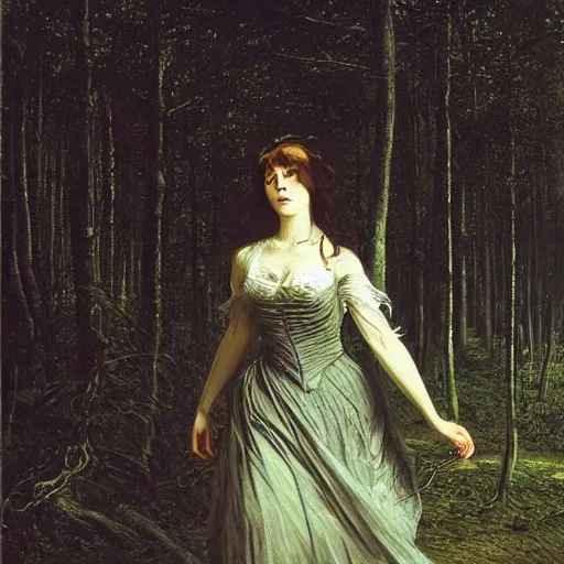 Image similar to A beautiful victorian woman, night, gothic dress, flowing hair, oil painting, portrait, magical forest, , glow, dramatic lighting, dramatic light, masterpiece, high detail, long shadow, amazing composition, detailed, painted by Caspar David Friedrich