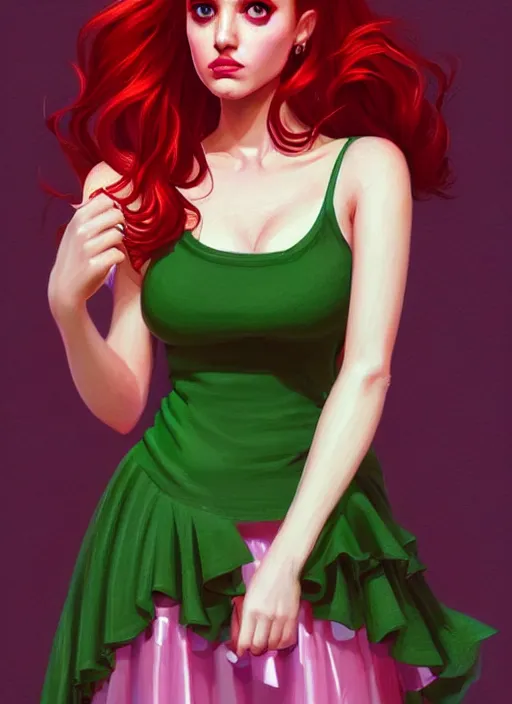 Image similar to full body portrait of teenage cheryl blossom, bangs, green eyes, sultry expression, red hair, sultry smirk, bangs and wavy hair, pink skirt, bangs, intricate, elegant, glowing lights, highly detailed, digital painting, artstation, concept art, smooth, sharp focus, illustration, art by wlop, mars ravelo and greg rutkowski