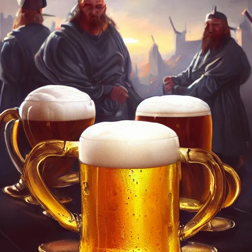 Prompt: an epic painting of the crusaders order of beer lovers, holding mugs of beer in their hands, oil on canvas, golden hour, beautiful detailed, photorealistic, digital painting, artstation, concept art, smooth, sharp focus, illustration, fantasy background, artstation trending, octane render, unreal engine