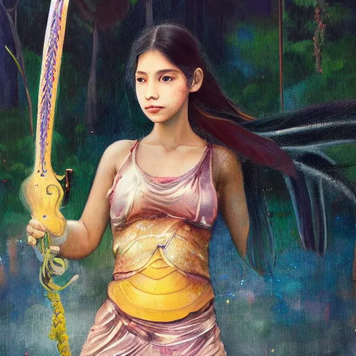 Prompt: a ultradetailed beautiful painting of a latina brazilian venezuelan young woman girl holding a sword in the amazonas solarpunk city by hsiao ron cheng, ngai victo, nivanh chanthara jean delville wlop and dougherty patrick, trending on artstation, scifi, futurism, postcapitalism, octane rendering, sharp focus, soft light