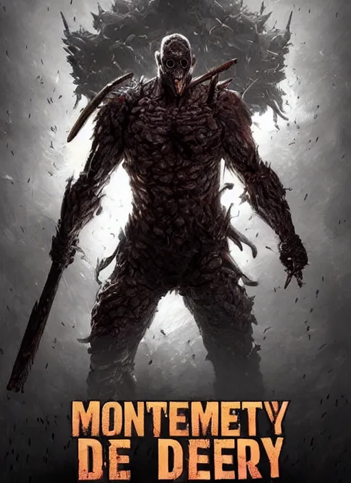 Image similar to poster!! scary new enemy for 7 days to die, monster concept art, action pose, illustration, full body armor, steel plating, huge weapon, super powers, athletic, symmetry, intricate design, shiny, highly detailed, hd, dramatic lighting, wide angle view, art by artgerm and greg rutkowski
