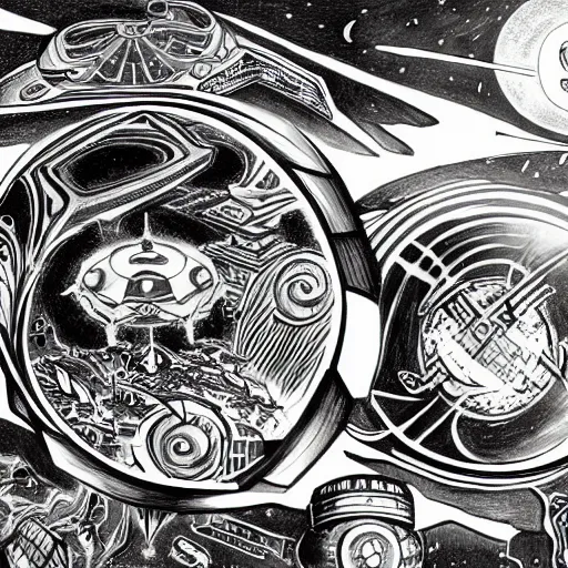 Image similar to daoist battle tank painted in white and black yinyang symbol blasting away at dystopia, cosmos backdrop, detailed pencil drawing by an alien from the future