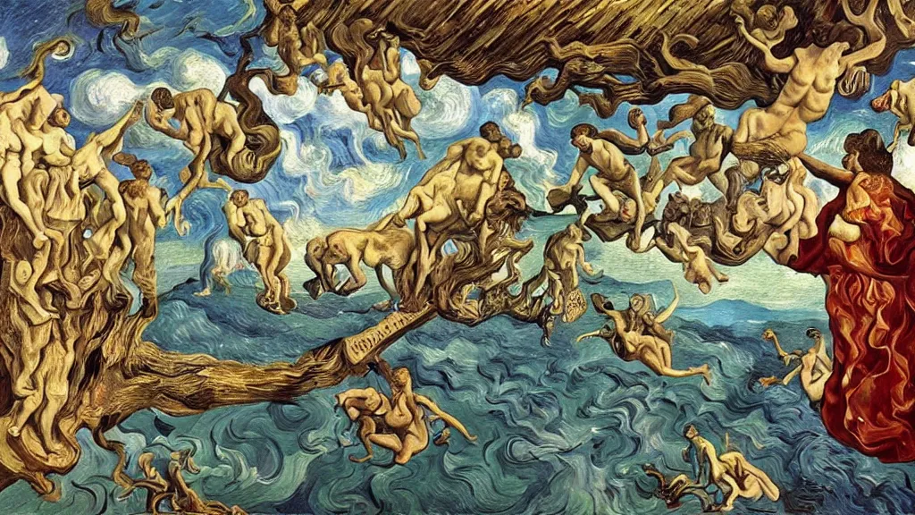 Image similar to divine moment , 4K, Rococo & Precisionism, colorized, by collaboration of Salvador Dali, Van Gogh and M. C. Escher