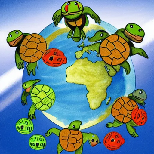 Image similar to a stack of turtles in space beneath a globe of the earth, earth globe on top