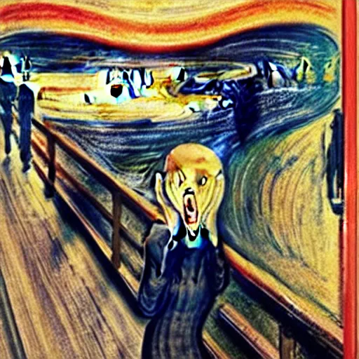 Prompt: anime girl in the scream painting by edvard munch