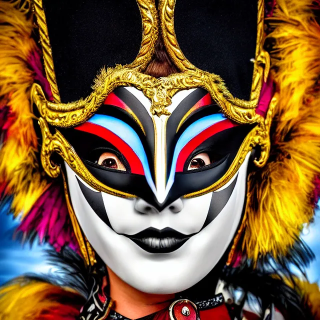 Image similar to full shot photo of a beautiful!! harlequin warrior with venetian mask highly detailed 8 k hdr smooth sharp focus high resolution award - winning photo photorealistic