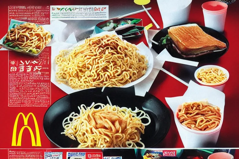 Prompt: mcdonald's yakisoba meal, in 1 9 9 5, y 2 k cybercore, advertisement photo. artwork by craig mullins