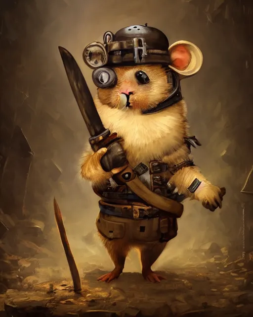 Image similar to oil painting of anthropomorphized hamster holding Pick Axe, steampunk clothes, close shot, full body, dark steampunk mine shaft background, sharp focus, fantasy style, octane render, volumetric lighting, 8k high definition, by greg rutkowski, highly detailed, trending on art Station, dungeons and dragons artwork, centered