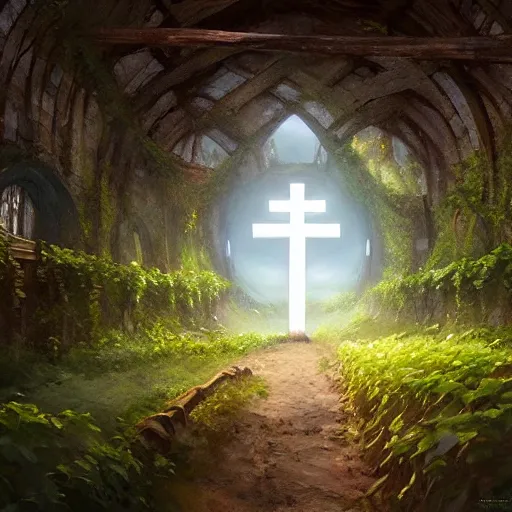 Image similar to a christian cross as the light at the end of the tunnel, with a few vines and overgrowth, concept art by Doug Chiang cinematic, realistic painting, high definition, digital art, symmetrical, very detailed, extremely high detail, photo realistic, concept art, unreal engine 5,