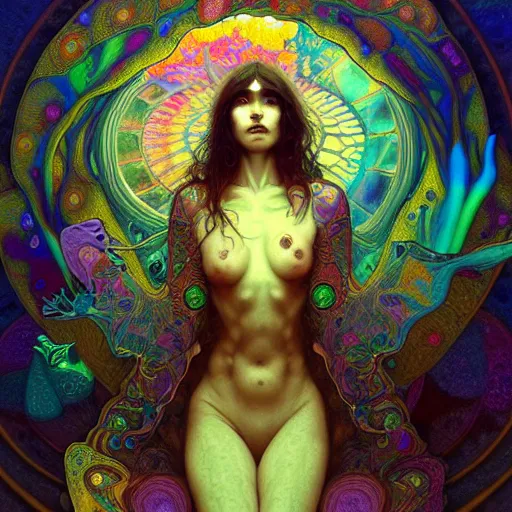 Image similar to An extremely psychedelic experience, reality bending, colorful, surreal, magic mushrooms, psilocybin, LSD, face, detailed, intricate, elegant, highly detailed, digital painting, artstation, concept art, smooth, sharp focus, illustration, art by Krenz Cushart and Artem Demura and alphonse mucha