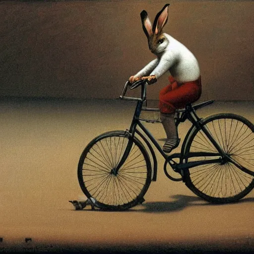 Prompt: rabbit riding a bike on the road, there is a car in front, by michael sowa.