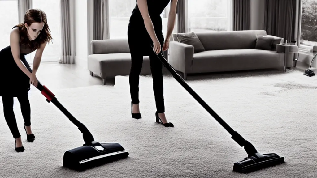 Image similar to emma watson vacuuming, professional photography, realistic, detailed, photorealistic