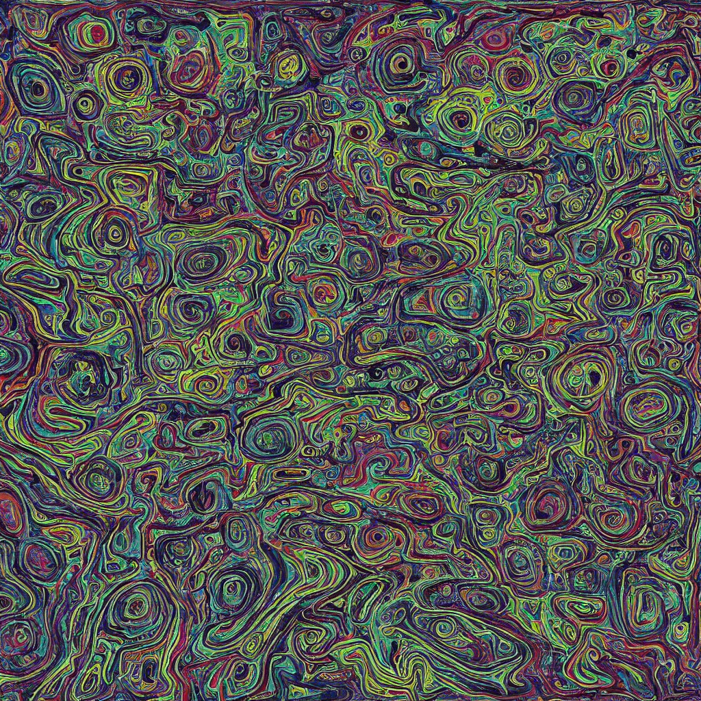 Image similar to colorful topo camo, swirls, technical, acrylic, eyes, teeth, death metal, eerie, tribal, clay, dotting, lines, stipple, points, cybernetic, style of old painting, francis bacon art, sleep paralysis, hypnosis, eerie, terror, oil, neon, black and white, circles, varying width, colorful dots, ominous, abstract