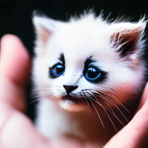 Image similar to cute kitten with panda body and cat face, in the hand of a human, highly detailed, sharp focus, photo taken by nikon, 4 k