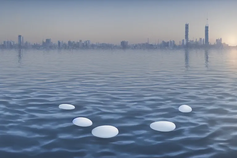 Prompt: white egg shaped bubble buildings of different sizes intersect and combine together. on the calm lake surface, people's perspective, future, interior wood, marble, award winning, highly detailed 4 k art, dusk, unreal engine highly rendered, global illumination, radial light, internal environment by kazuyo sejima