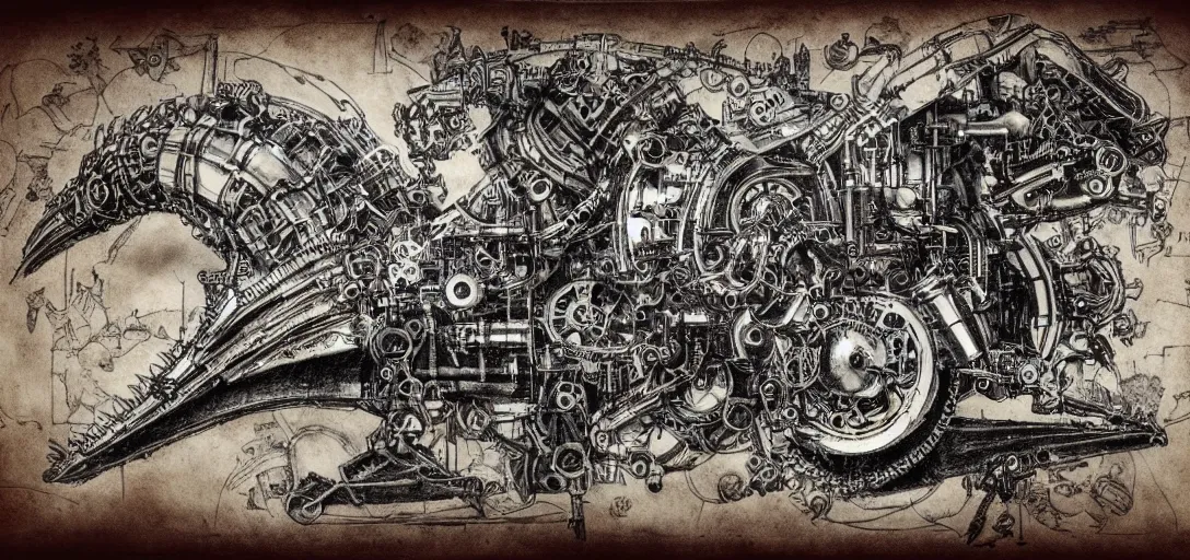 Image similar to mechagodzilla, steampunk automaton, mechanical, renaissance style drawing, alchemical sketch, mutant, detailed, clockwork, 4 k, fineart, sketch by leonardo da vinci
