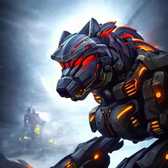 Image similar to hyper realistic, epic, highly detailed cinematic full body shot of a mecha canine, sharp claws, sleek armor, glowing visor, destroying city, digital art, furry art, dragon art, zoids art, furaffinity, deviantart