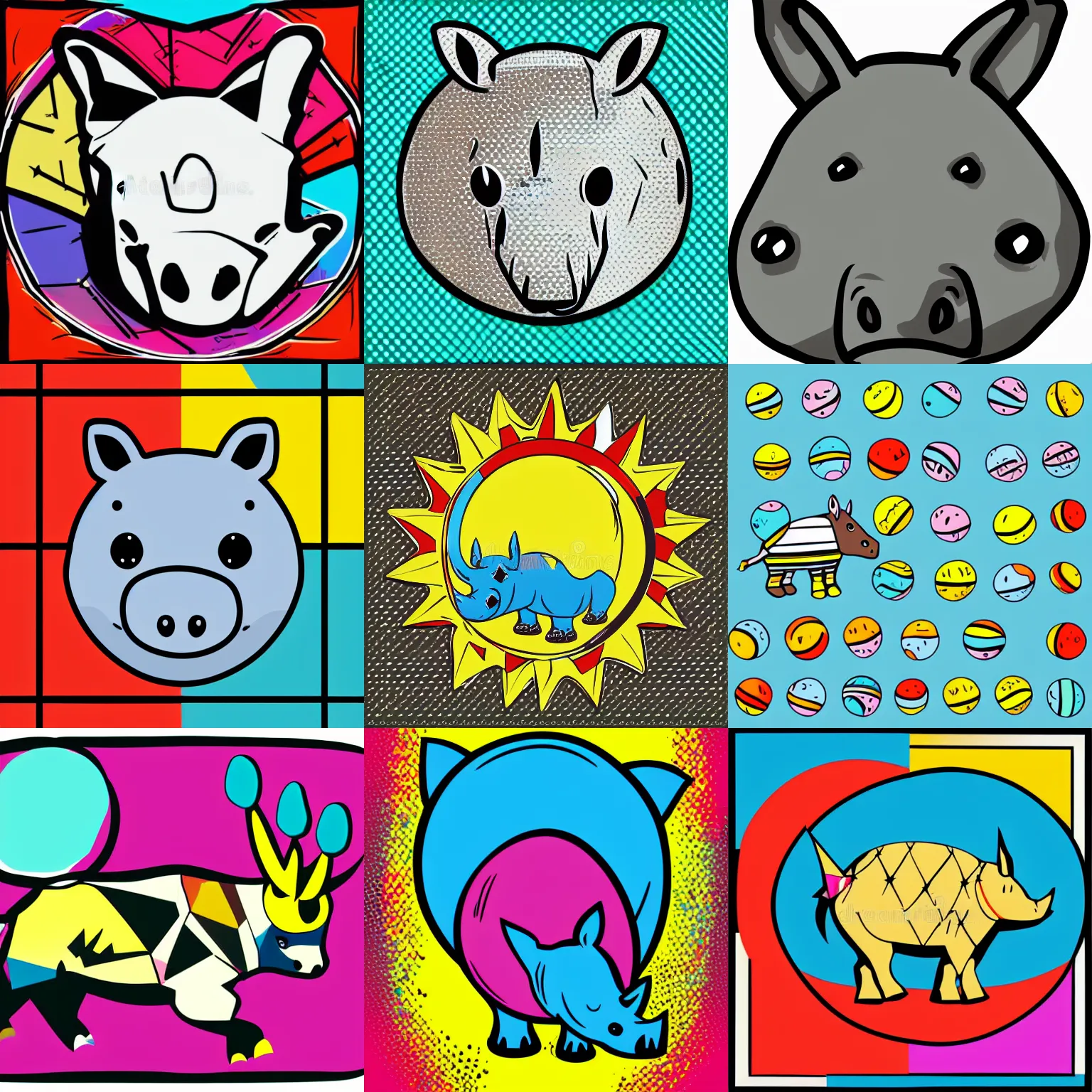 Image similar to cartoon rhinoceros in the form of a ball in the style of pop art, vector art, clipart