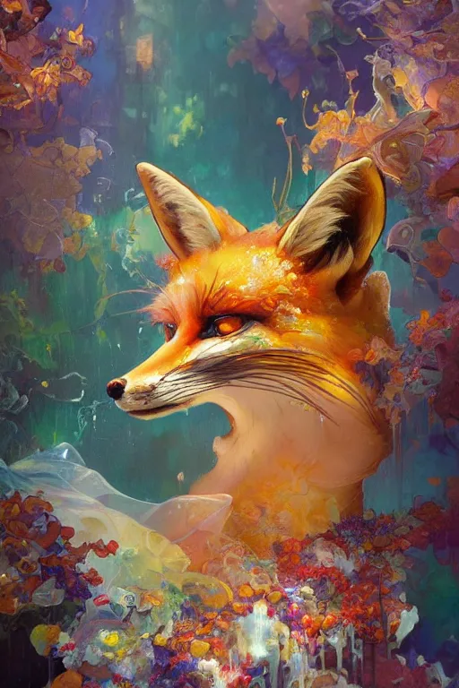 Prompt: an hiper intricate oil painting of a beautifull surreal fox surounded by melting colorfull wax drips, colorfull, excelent composition, wide shot, by yoshitaka amano, by ellen jewett, by greg rutkowski, by alphonse mucha by jeremyg lipkinng, by rhads, by ross tran, artstation, octane render