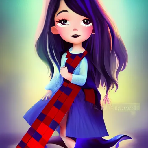 Image similar to mysterious girl child with her long black hair dressed in a chequered cape, carrying blue very big magical crystal, digital art, hd, 4 k, hyper detailed