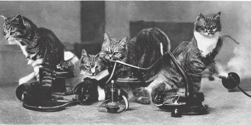 Image similar to stunning old black and white photo of very serious cats have absolutely no idea how to use old rotary telephones and decide to knock them over in frustration, very funny and ironic, humor, film grain 1903