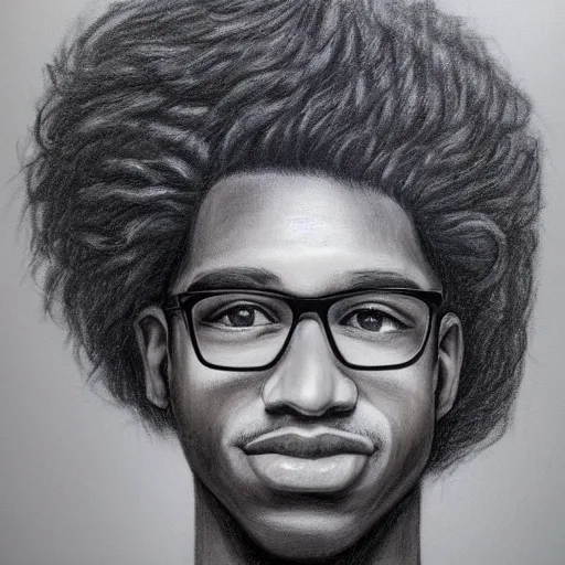 Prompt: portrait realistic chalk drawing of a black man at 20's years old, with long curly hair, wearing eyeglasses, holding a guitar, Andromeda Galaxy on the background, trending on artstation