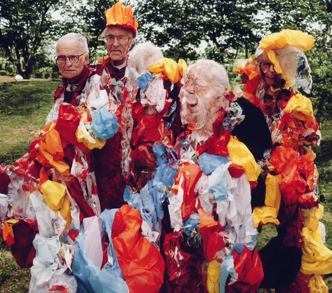 Image similar to a martin parr photo of a grandpa couple, wearing weird trash costumes, fujifilm velvia 5 0