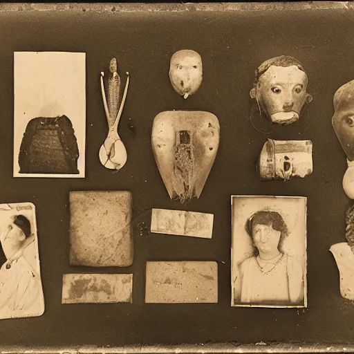 Image similar to Tintype photograph of primitive objects displayed in an ethnographic museum, archive material, anthropology, 1920s studio lighting.