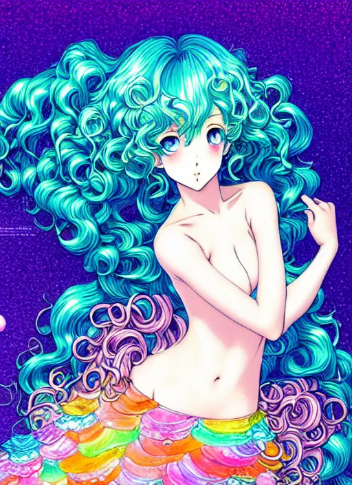 Image similar to manga of beautiful mermaid girl, curls hair, rococo ruffles dress, pastel rainbow, pearlescent, shimmering, reflective, rim light, detailed background, by takeshi obata, katsuhiro otomo, takato yamamoto, illustration, celluloid, dark fantasitc, artstation, concept art, highly detailed, colorful, maximalist