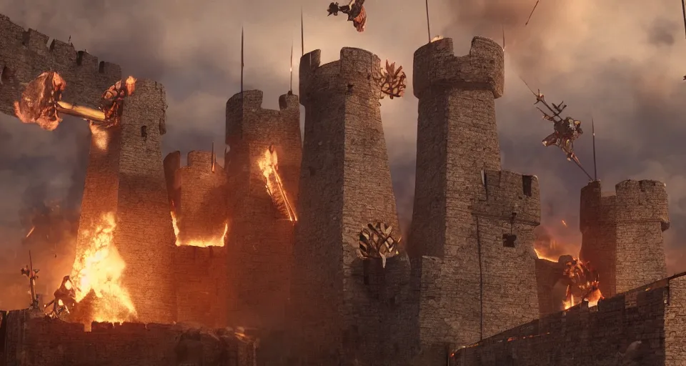 Image similar to five giant and powerful medieval trebuchets fireing on a medieval fortress, destroying the walls, fire and explosion, debris flying around, octane render, unreal engine