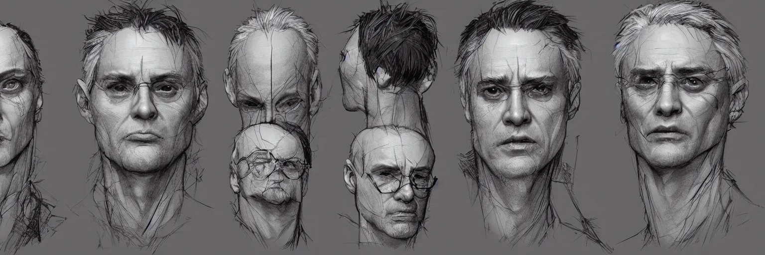 Prompt: character faces, realistic marc ribot face, clear marc ribot face, character sheet, fine details, concept design, contrast, kim jung gi, greg rutkowski and da vinci, trending on artstation, 8 k, emotional, face turnaround, front view, back view, side view, ultra wide angle