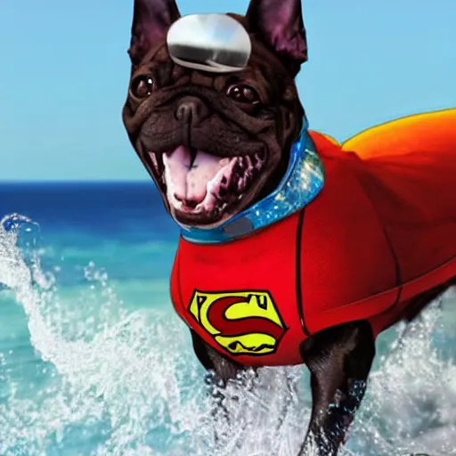 Image similar to a realistic dog superhero with water powers, glowing eyes, ocean background,he is floating in air