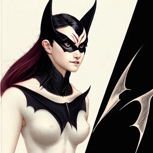 Image similar to 3 / 4 view of a portrait of bat woman with bat wings, confident pose, pixie, genshin impact,, intricate, elegant, sharp focus, illustration, highly detailed, concept art, matte, trending on artstation, anime, art by wlop and artgerm and greg rutkowski, marvel comics h 6 4 0