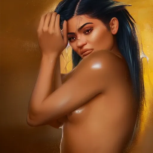Prompt: detailed photo of kylie jenner in a wet t shirt competition, 8 k, by greg rutkowski, artgerm, pub interior