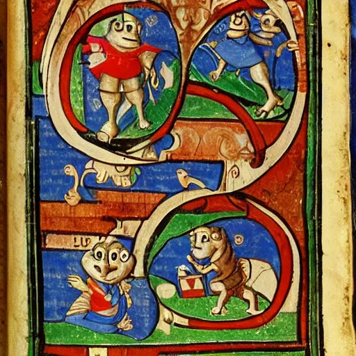 Prompt: medieval manuscript art of chuck e cheese's