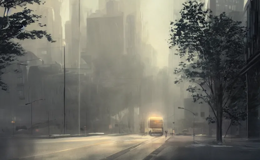 Image similar to exterior traveling greyhound bus circa 2 0 1 5, directed by charlie kaufman ( 2 0 0 1 ) anamorphic lenses, foggy volumetric light morning, cinematic trending on artstation in the style of greg rutkowski