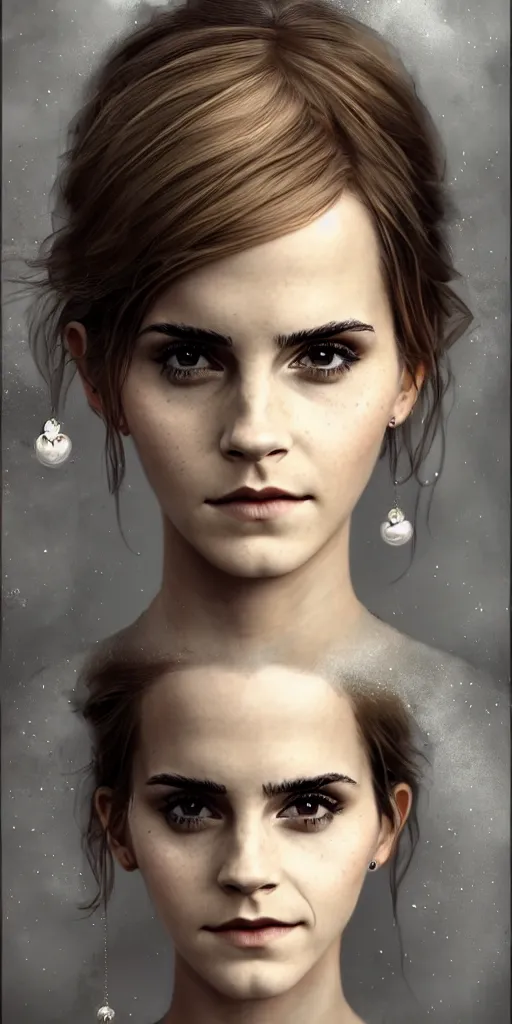 Image similar to realistic character concept, emma watson with lots of jewelry in the face, elegant pose, scifi, illustration, slender symmetrical face and body, artstation, cinematic lighting, hyperdetailed, cgsociety, 8 k, high resolution, charlie bowater, tom bagshaw, single face, insanely detailed and intricate, beautiful, elegant, golden ratio, dark fractal background, vfx, postprocessing