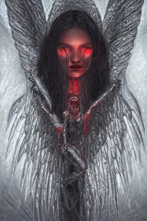 Image similar to realistic portrait of beautifully crystalized and detailed portrait of a angel of death, matte painting of cinematic movie scene red dragon, horror, created by gustave dore and greg rutkowski, high detailed, smooth draw, synthwave neon retro, intricate, realistic proportions, dramatic lighting, trending on artstation.