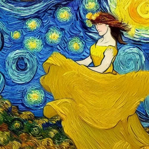 Prompt: a beautiful girl in a dress fluttering in the wind flying across the sky in the style of van gogh's starry night. picture. oil. masterpiece. hd